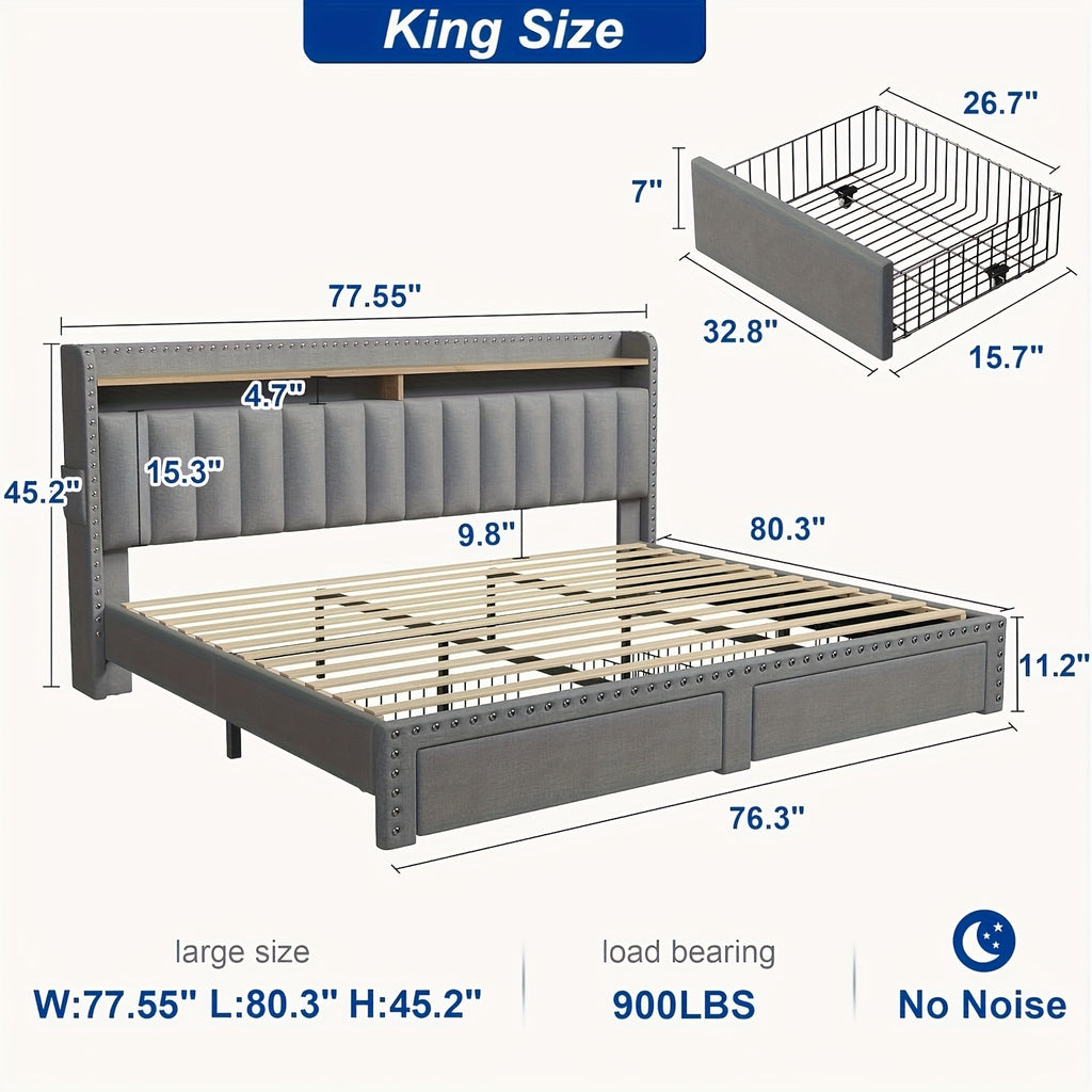 king size upholstered bed frame storage 2 tier headboard 2 - Temu