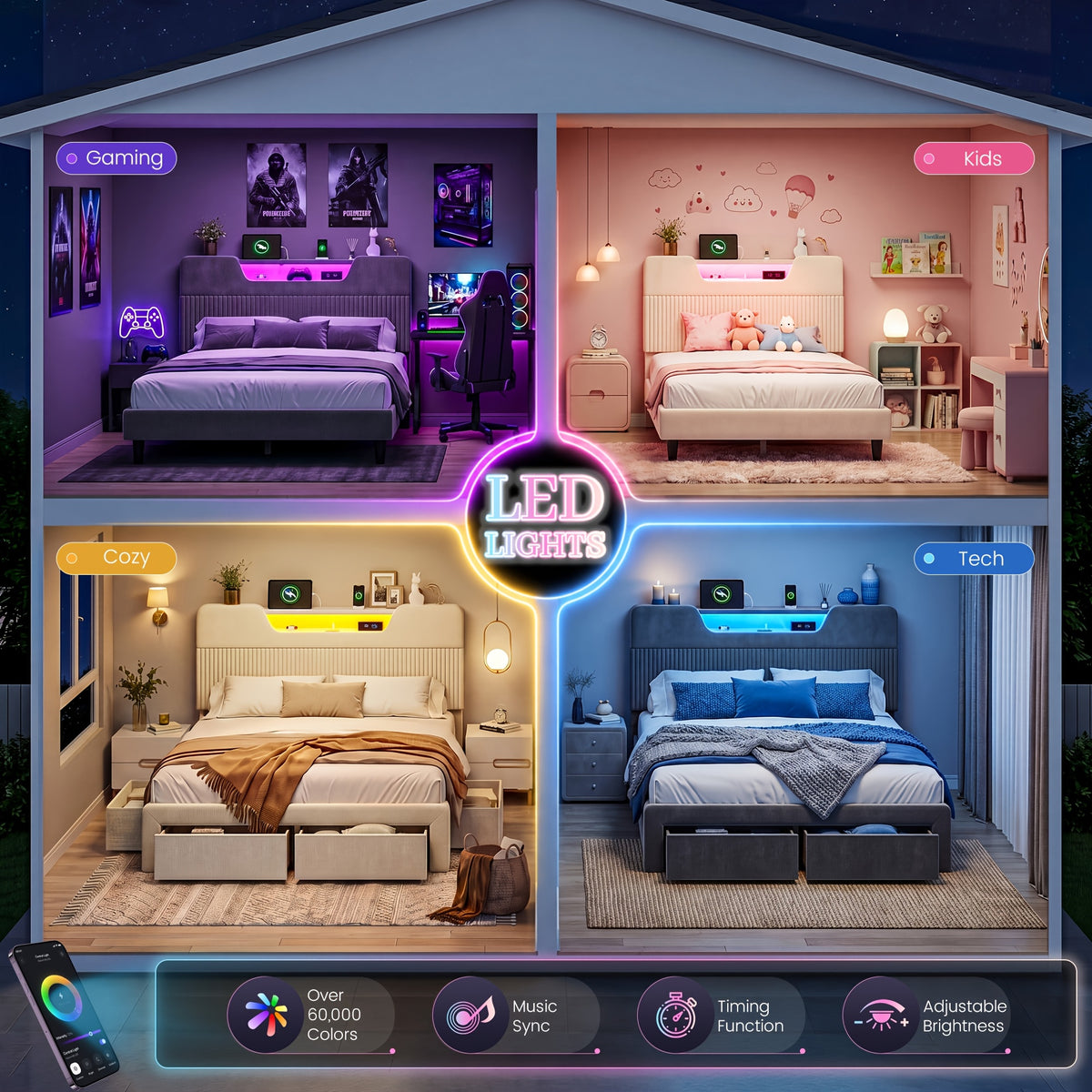 velvet upholstered platform bed frame rgb led lights - Temu
