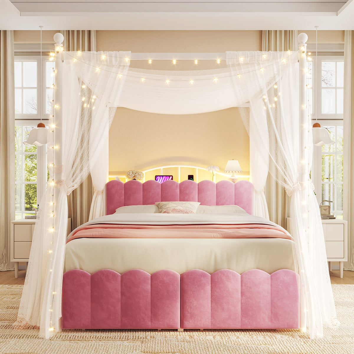 twin full queen upholstered canopy bed frame 2 drawers - Temu