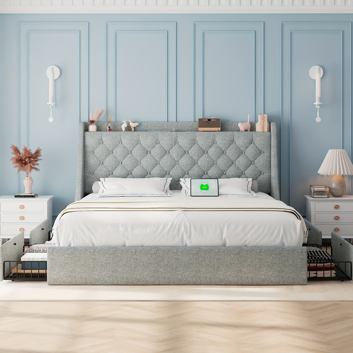 bed frame charging station linen fabric storage headboard - Temu