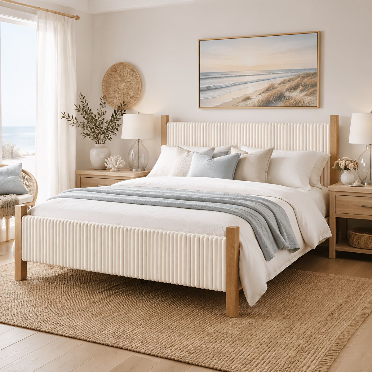 vertical fluted upholstered bed frame natural   - Temu