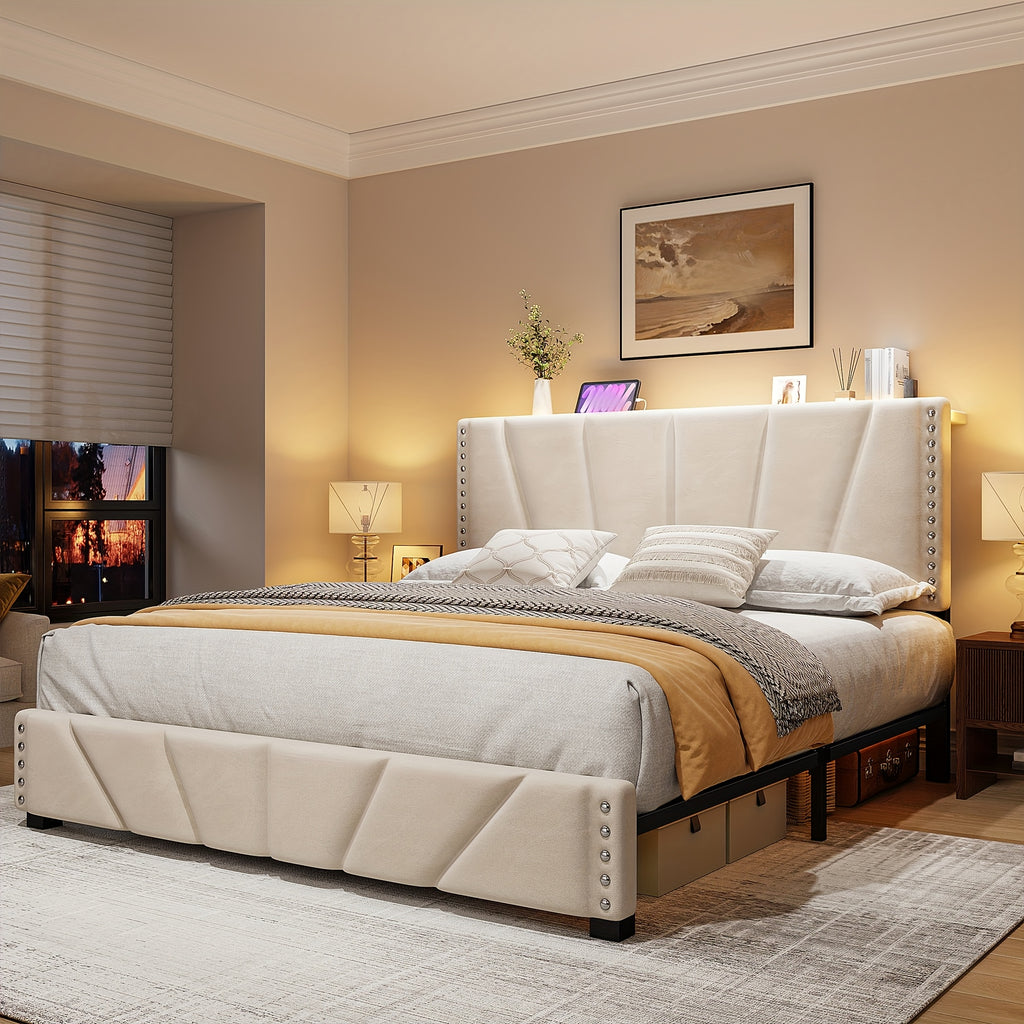 king queen size upholstered platform durable bed frame rgb - Temu