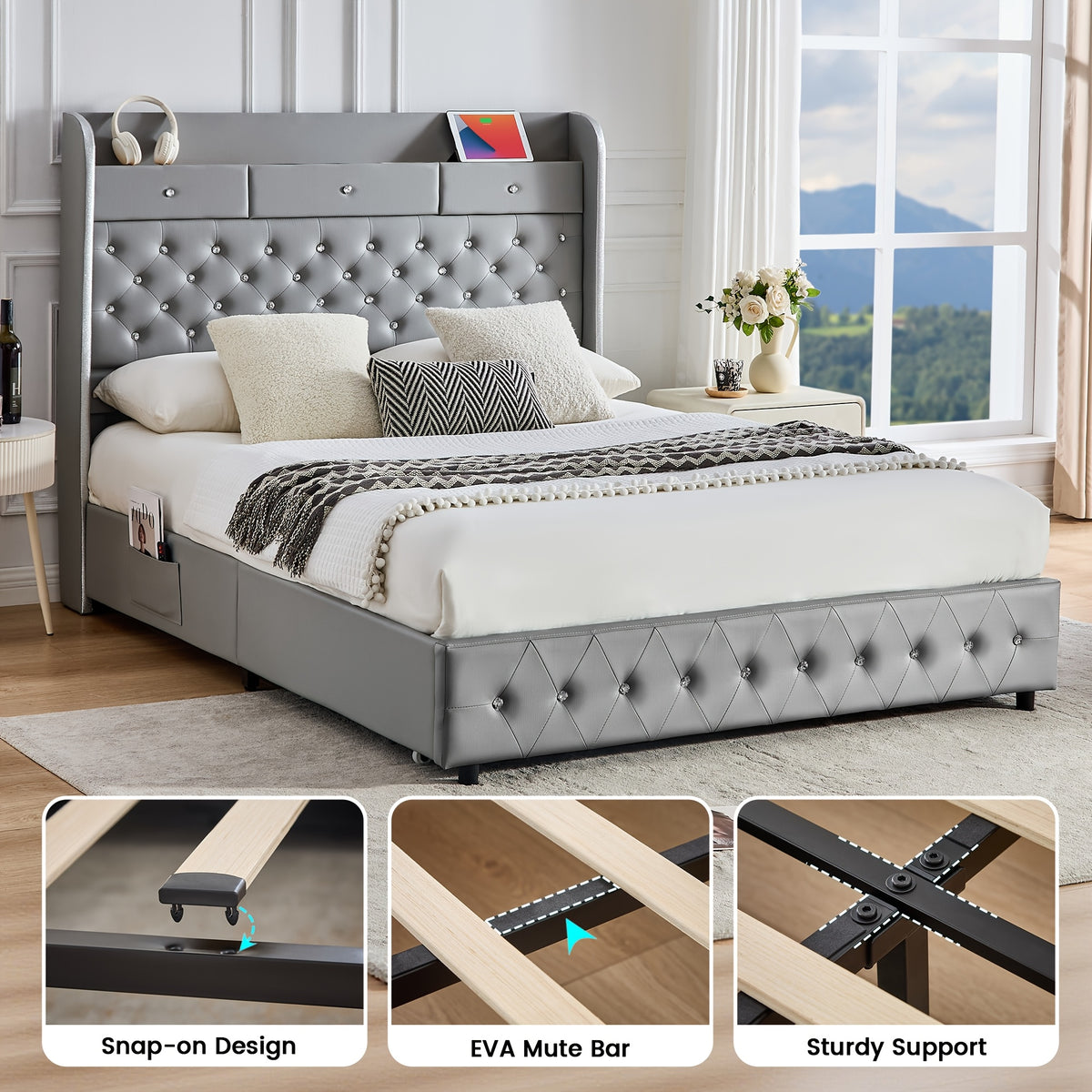 queen bed frame full size platform bed 2 removable - Temu