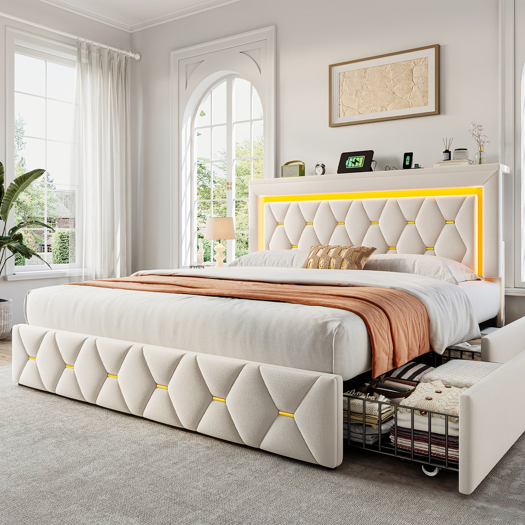 4 drawer upholstered metal platform bed full queen size - Temu