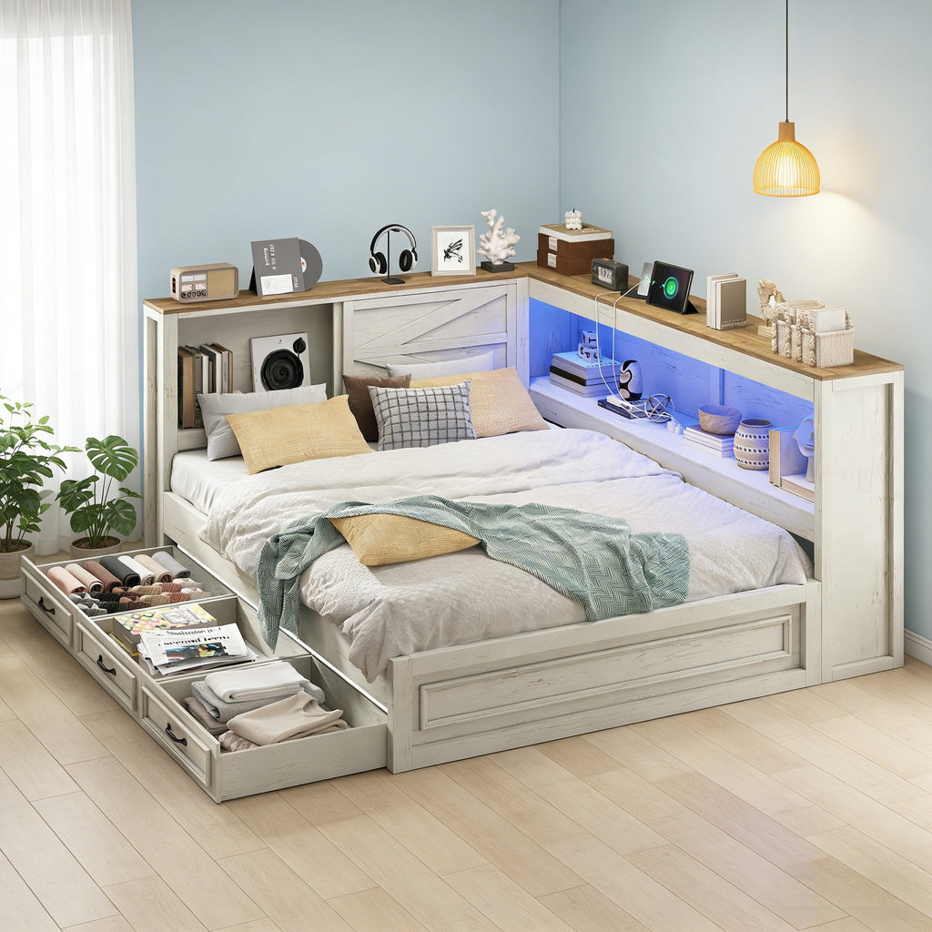 storage corner bed frame bookcase headboard led - Temu