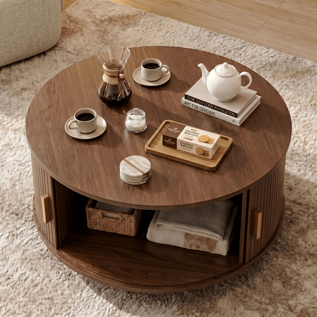 32 modern round coffee table sliding door storage wooden - Temu