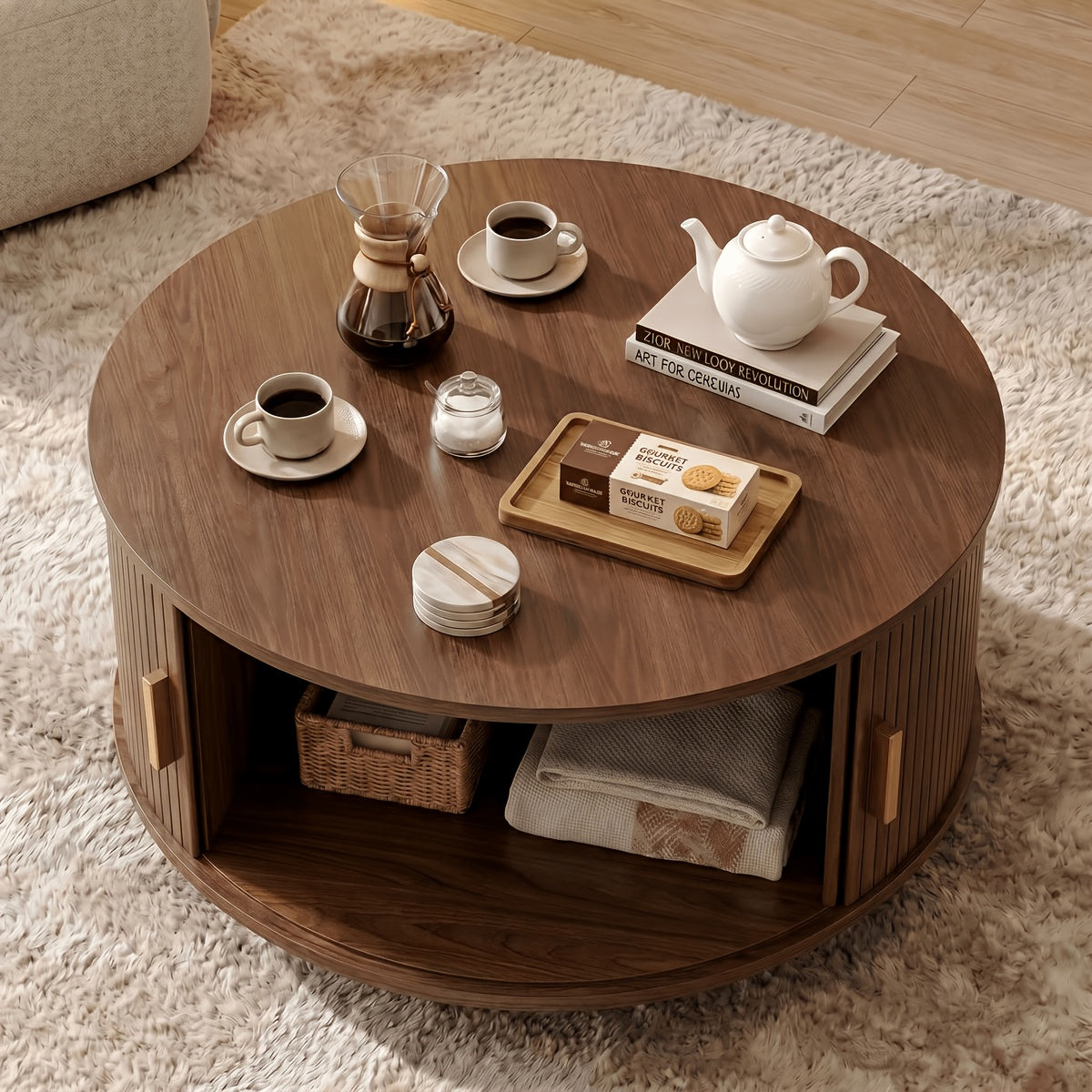 32 round fluted coffee table storage wood coffee table - Temu