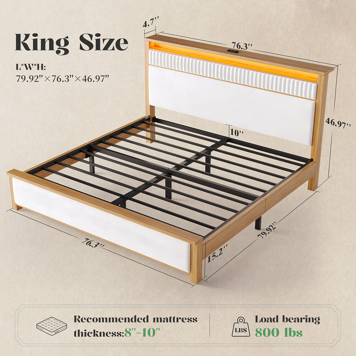 queen king solid wood bed frame led light usb a type c - Temu