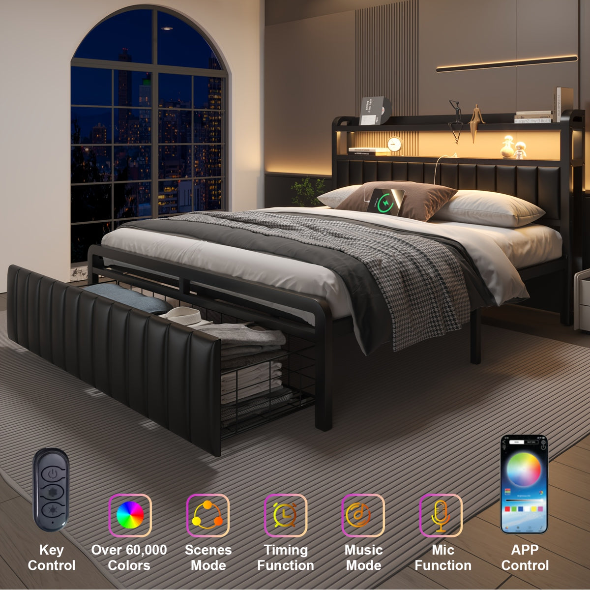 metal platform bed frame 2 tier storage headboard hidden - Temu