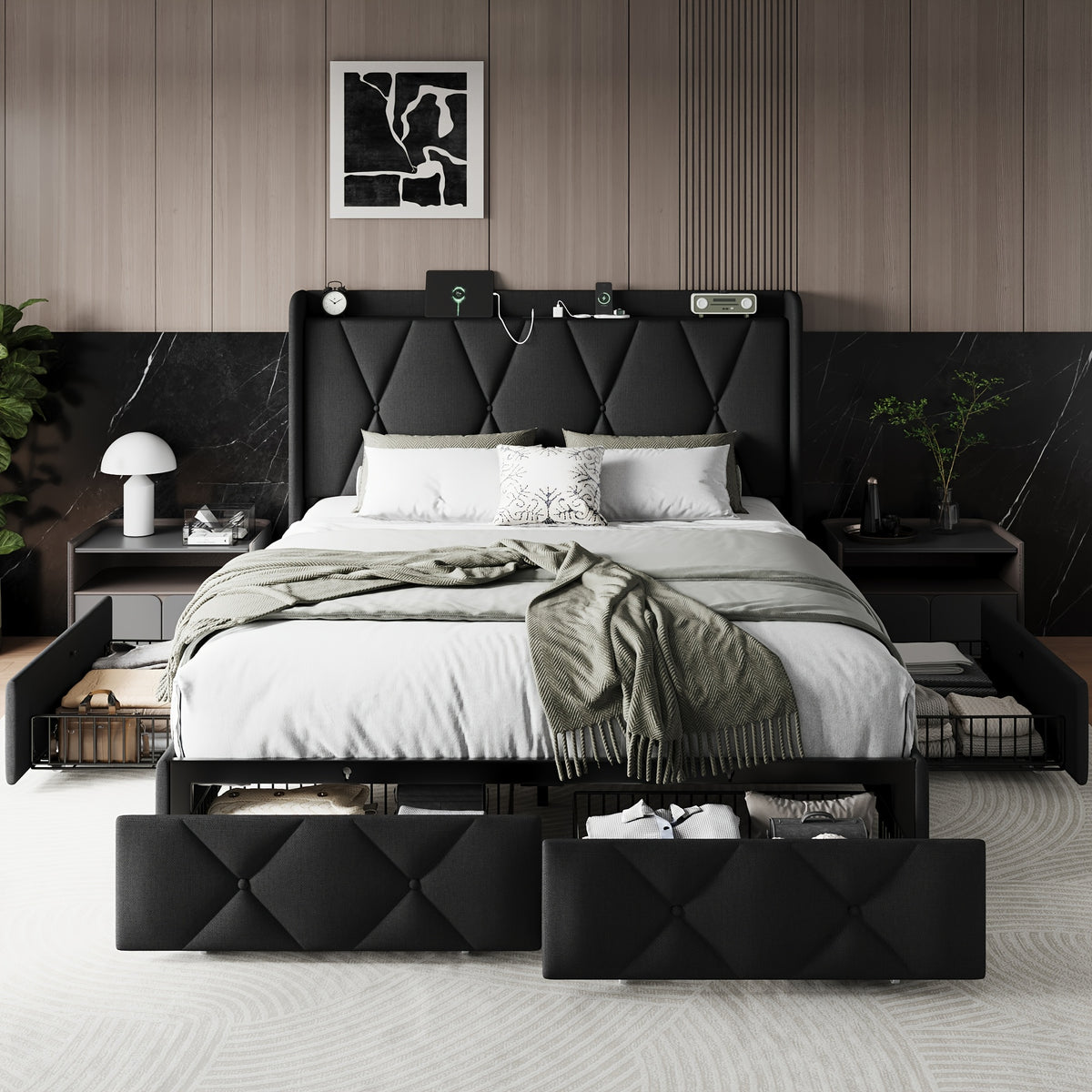 4 drawers storage bed frame wingback headboard - Temu