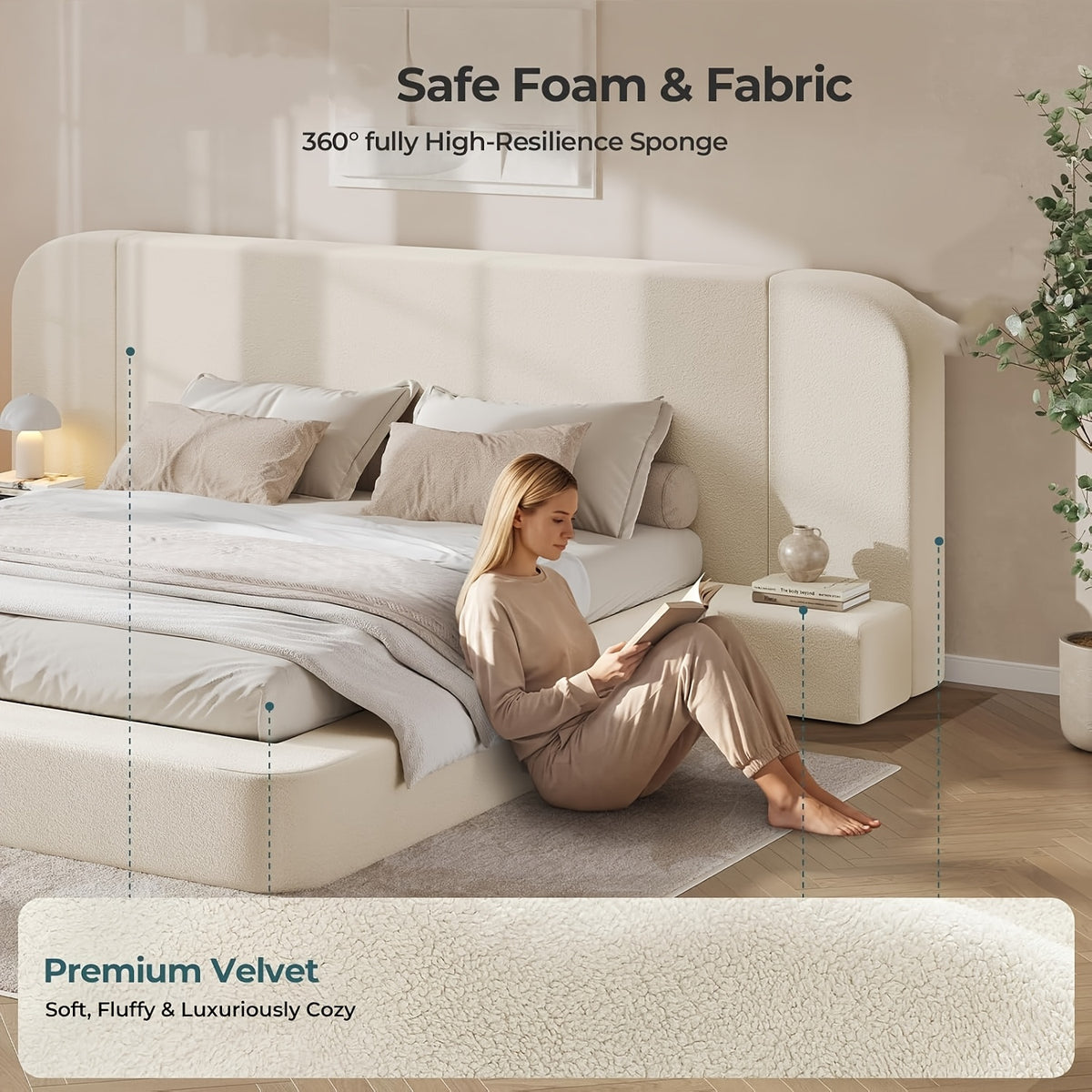 upholstered platform bed extended headboard side nightstands - Temu