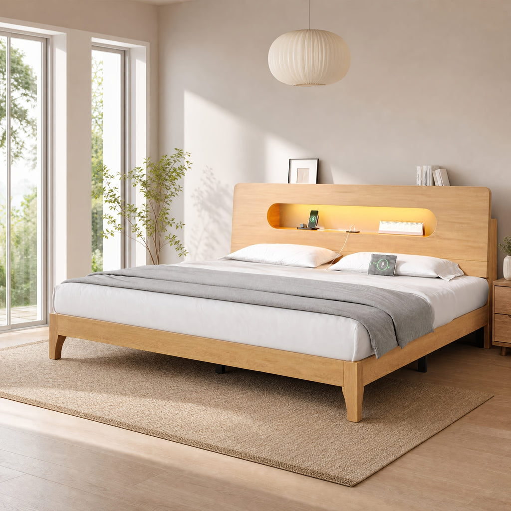 led bed frame usb charging storage shelf solid wood platform - Temu
