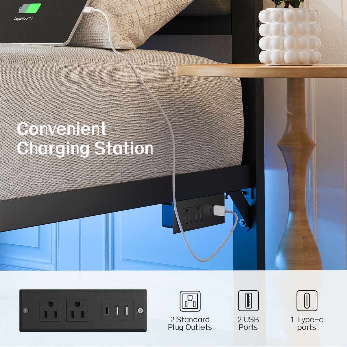 metal platform bed frame led lights charging station usb - Temu