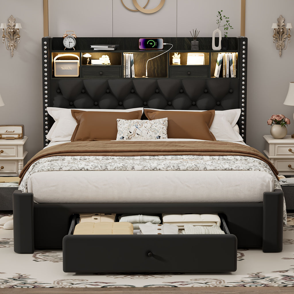 bed frame storage drawers bed frame led lights upholstered - Temu