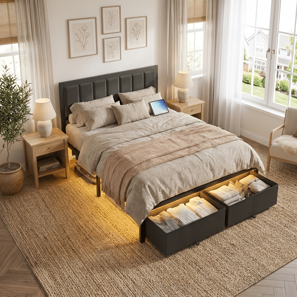 bed frame metal platform bed storage drawers led lighting - Temu
