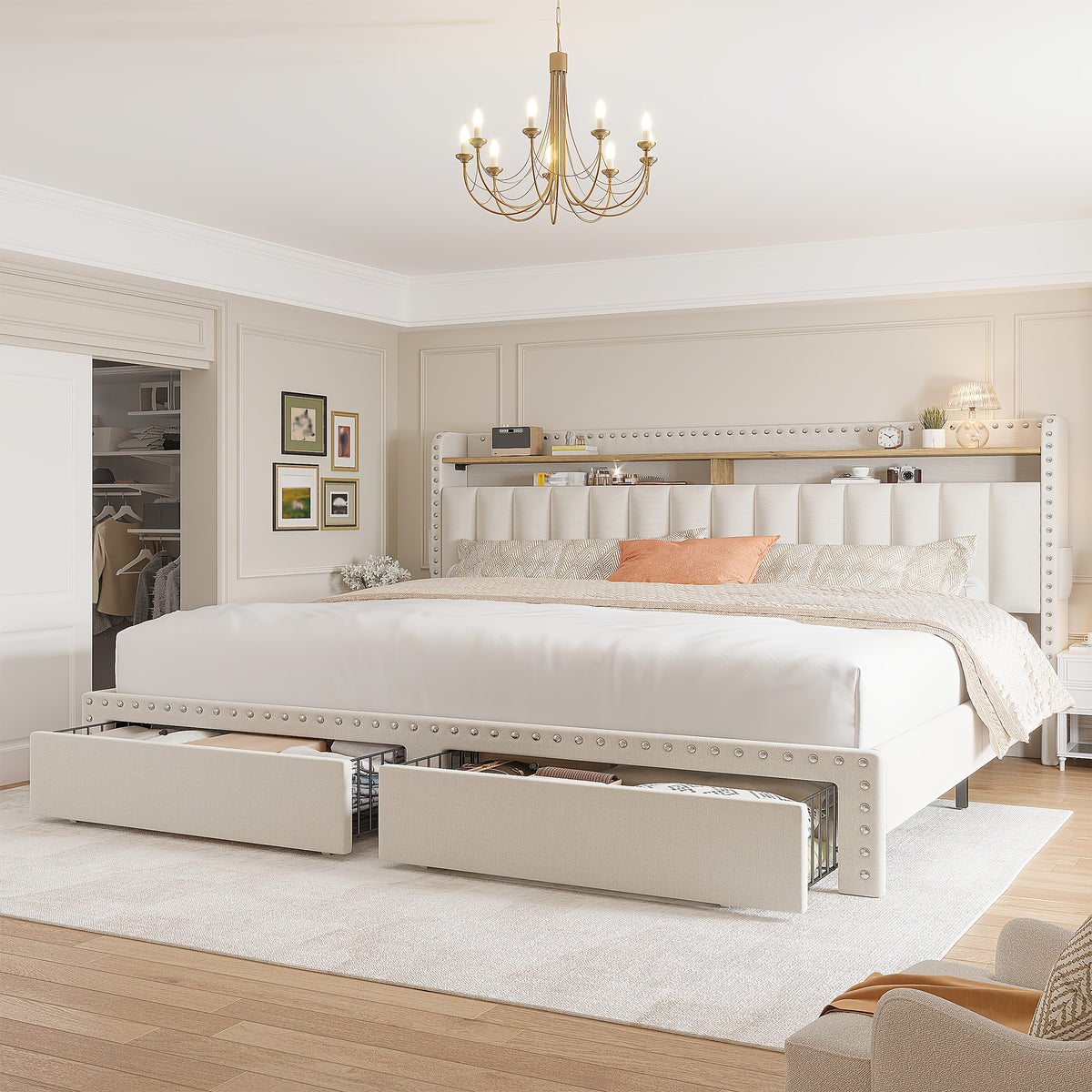 soft upholstered bed frame 2 storage drawers   mattress - Temu