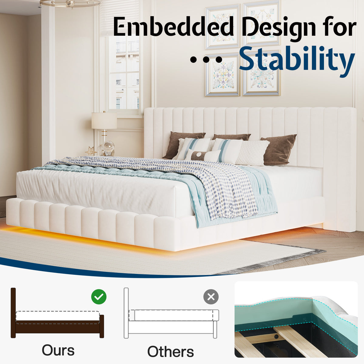 velvet upholstered bed frame wide headboard floating - Temu