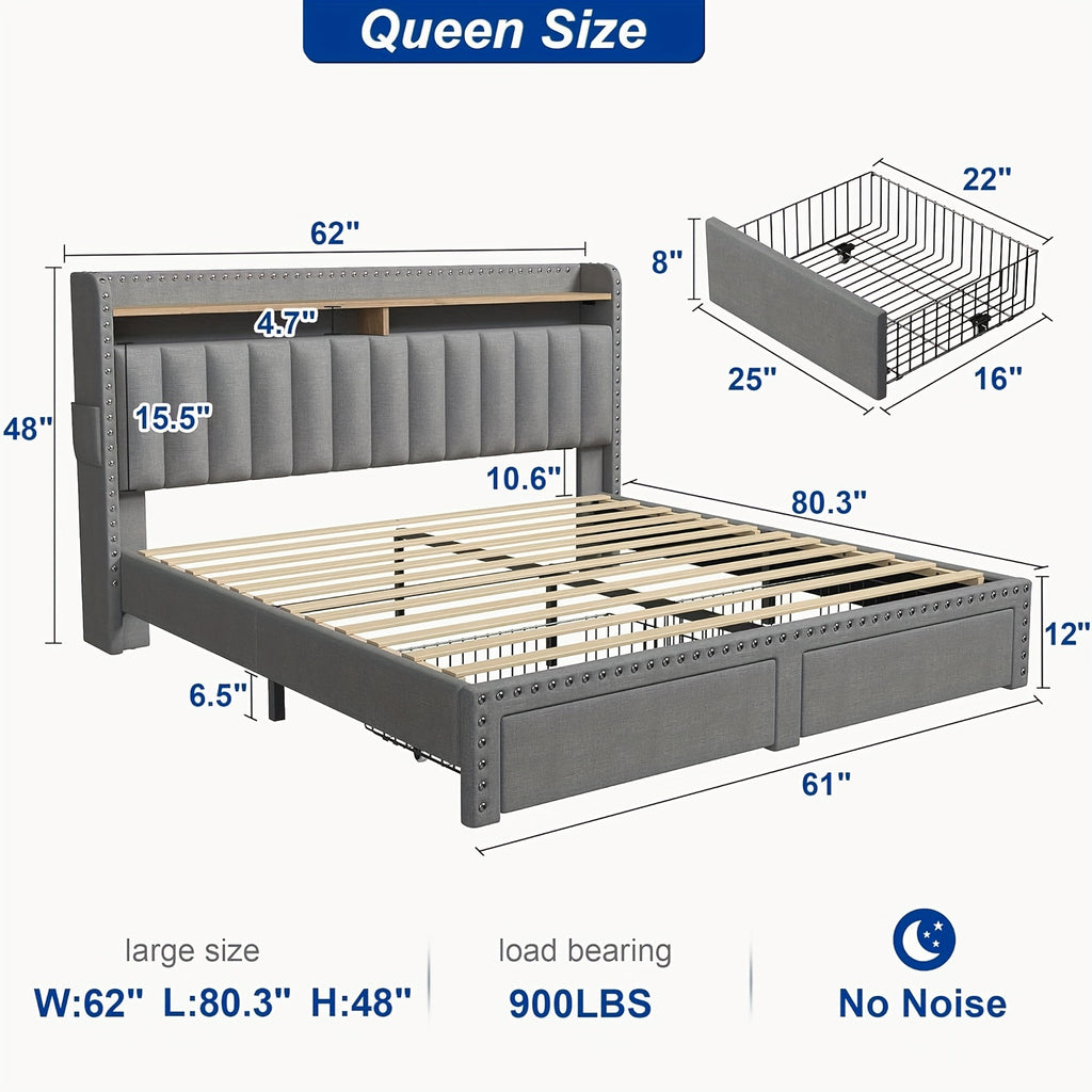 soft upholstered bed frame 2 storage drawers full queen king - Temu