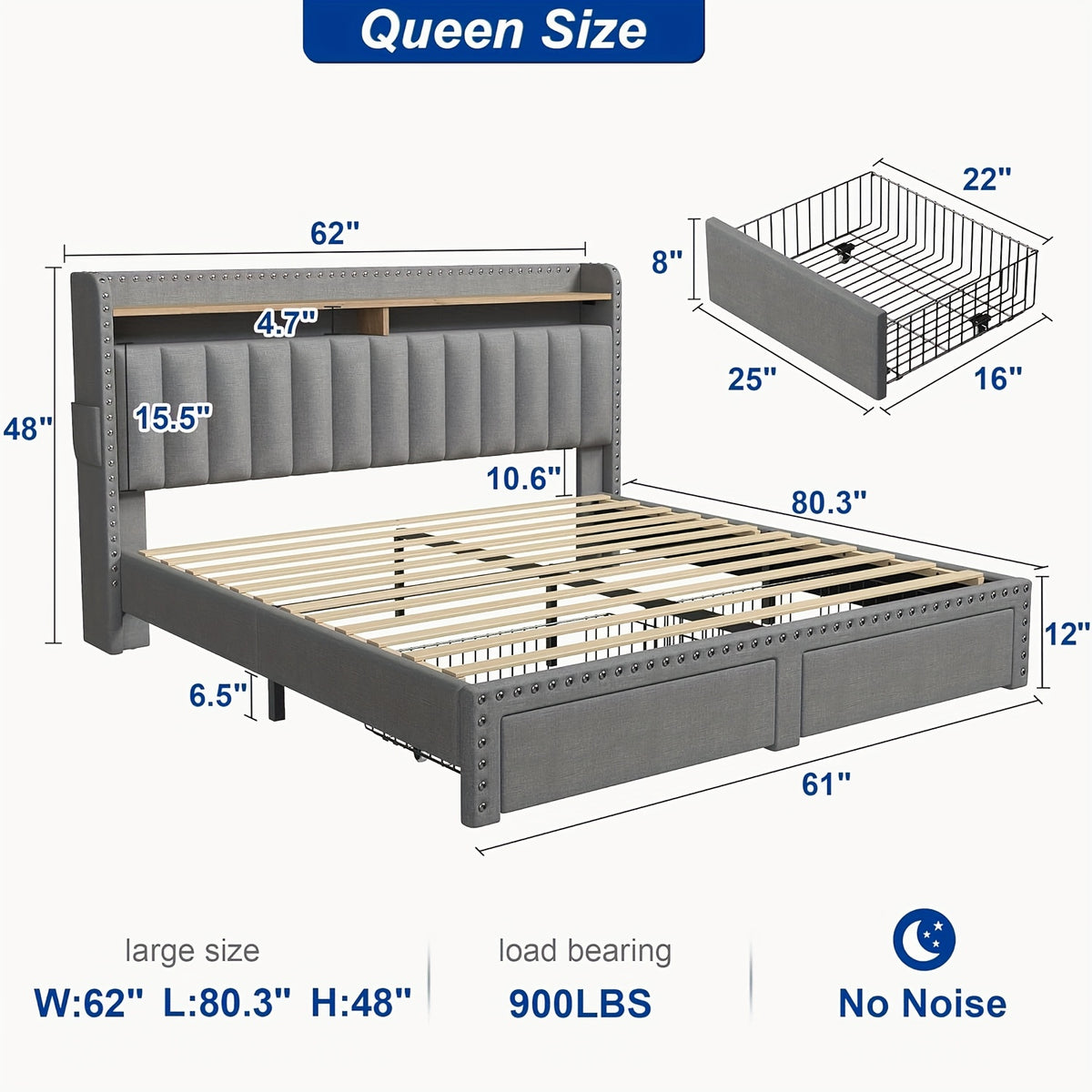 soft upholstered bed frame 2 storage drawers full queen king - Temu