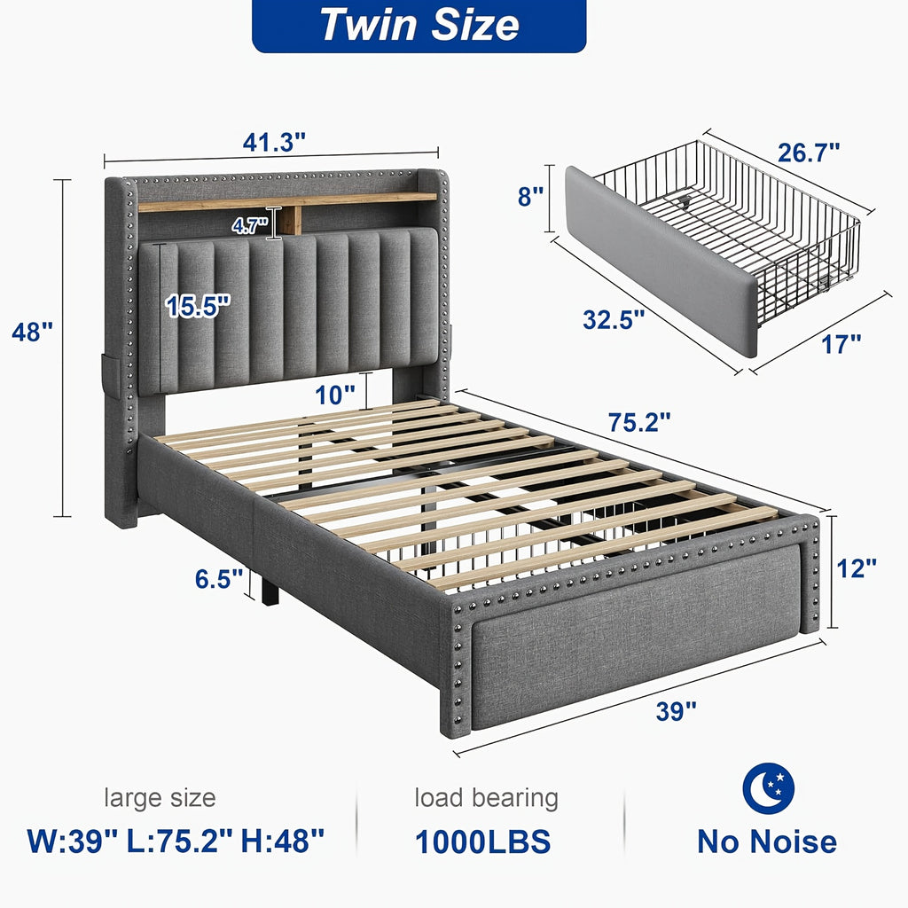 soft upholstered bed frame 2 storage drawers   mattress - Temu