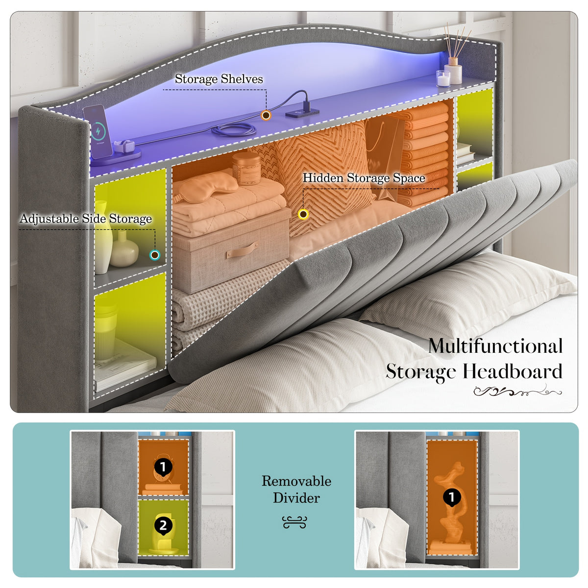king queen full bed frame built in nightstand storage - Temu