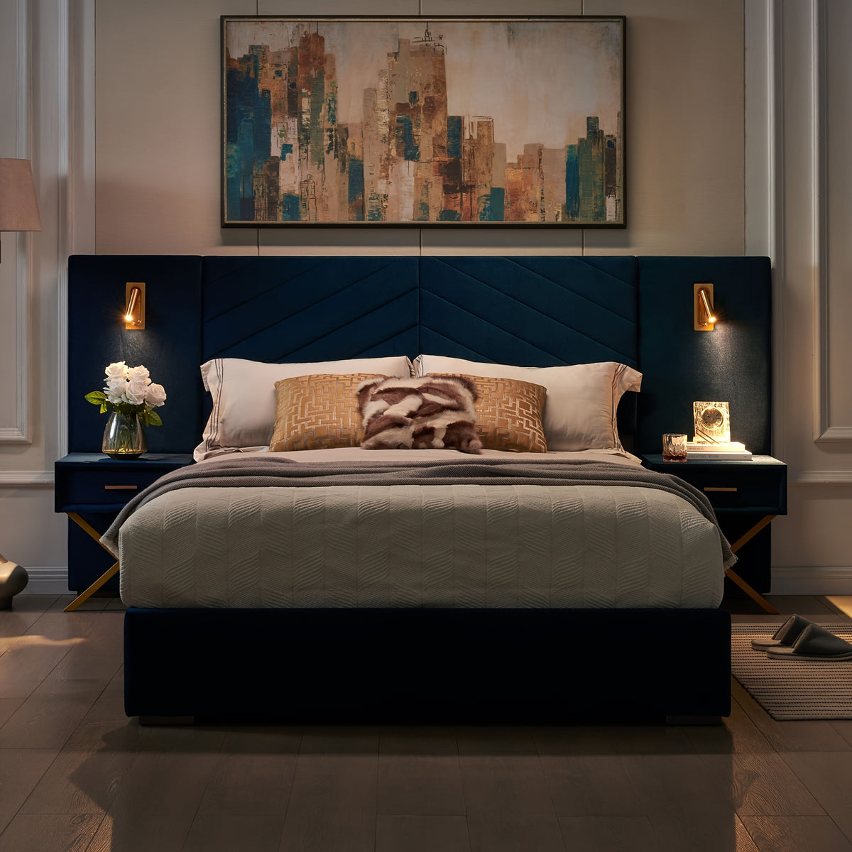 luxury king queen bed frame built in   lights - Temu