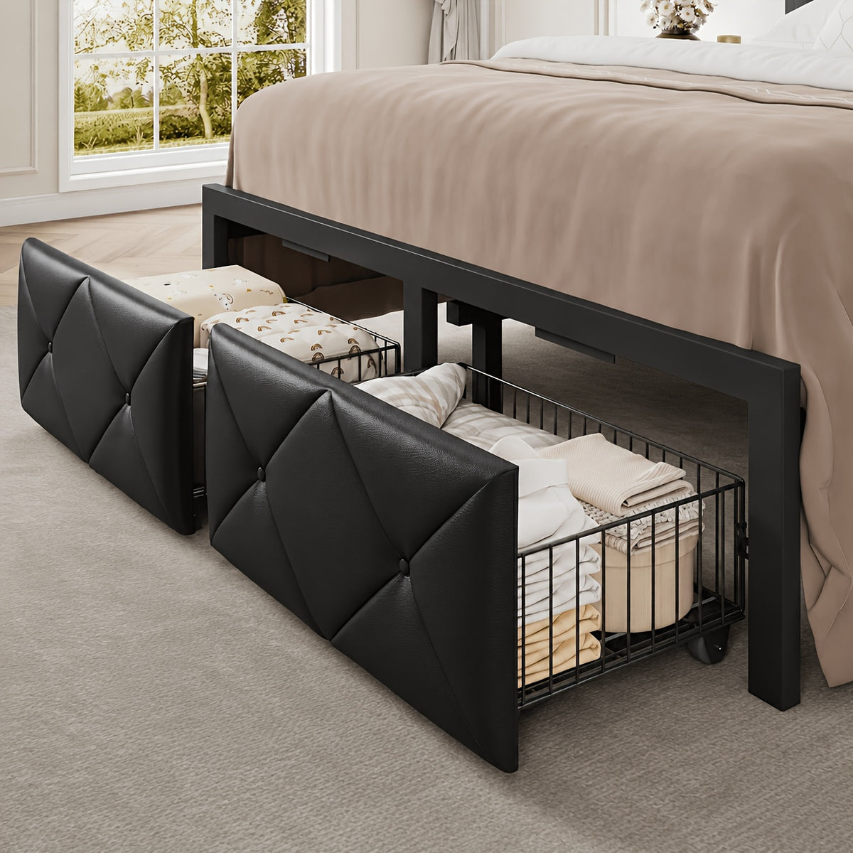 bed frame 2 storage drawers metal platform bed charging - Temu
