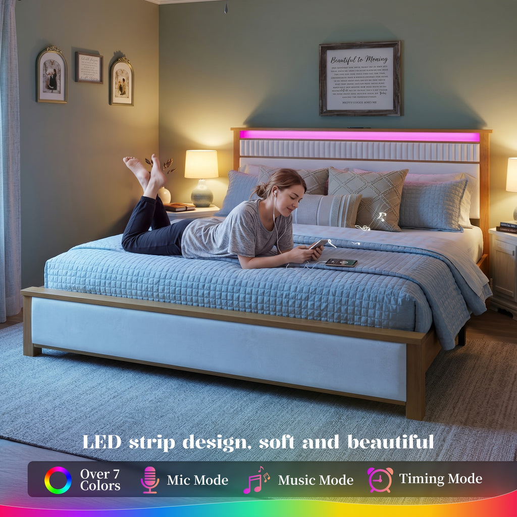 queen king solid wood bed frame led light usb a type c - Temu