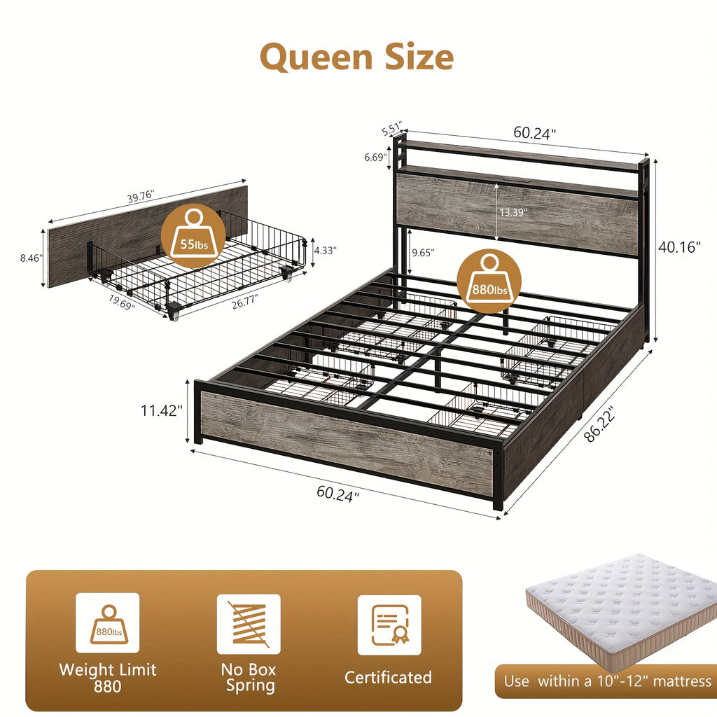 queen size bed frame storage headboard 4 drawers no - Temu