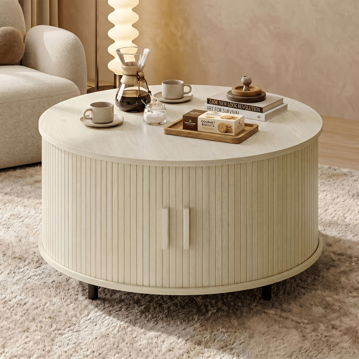 32 round fluted coffee table storage wood coffee table - Temu