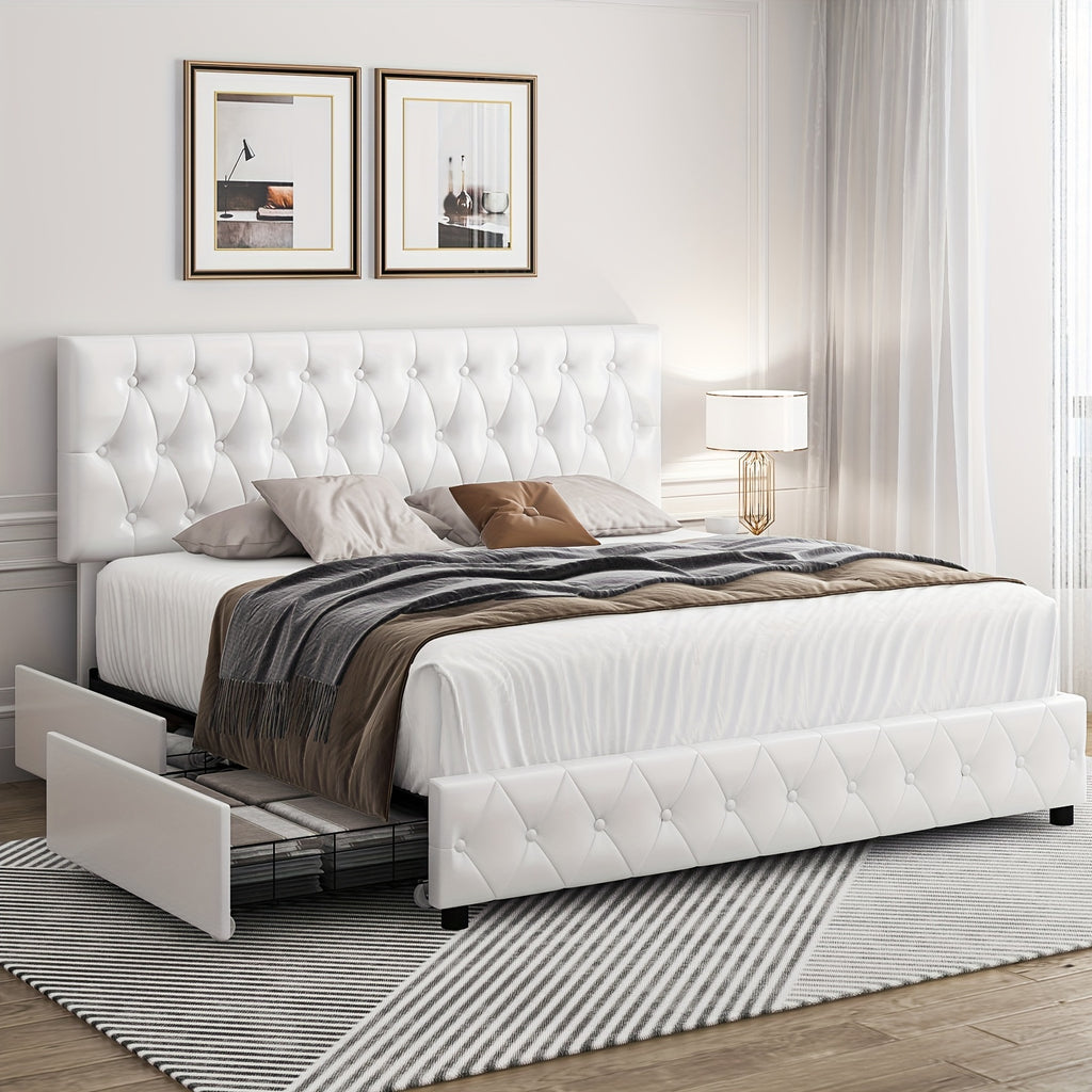 modern upholstered bed frame 4 storage drawers platform bed - Temu