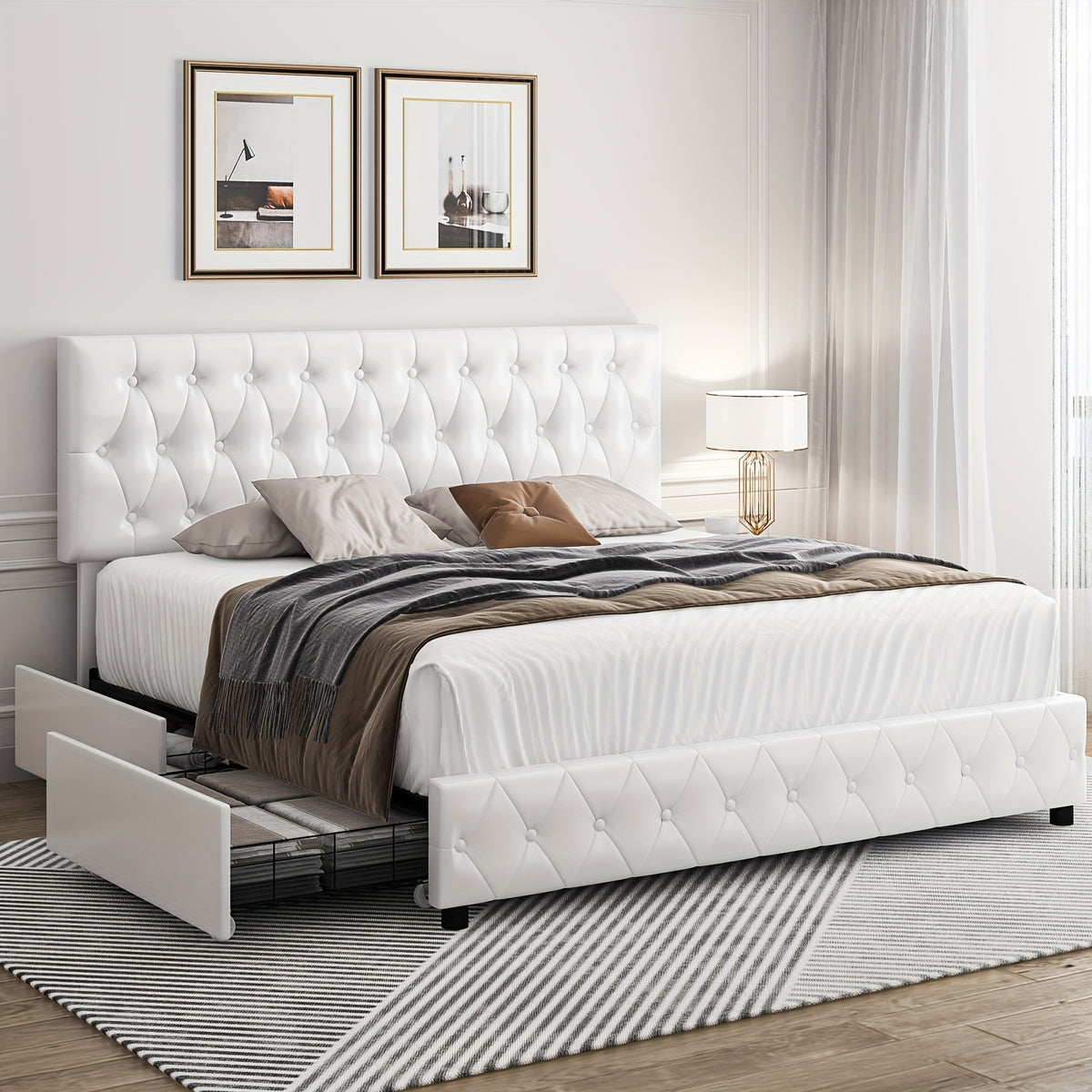 modern upholstered bed frame 4 storage drawers platform bed - Temu