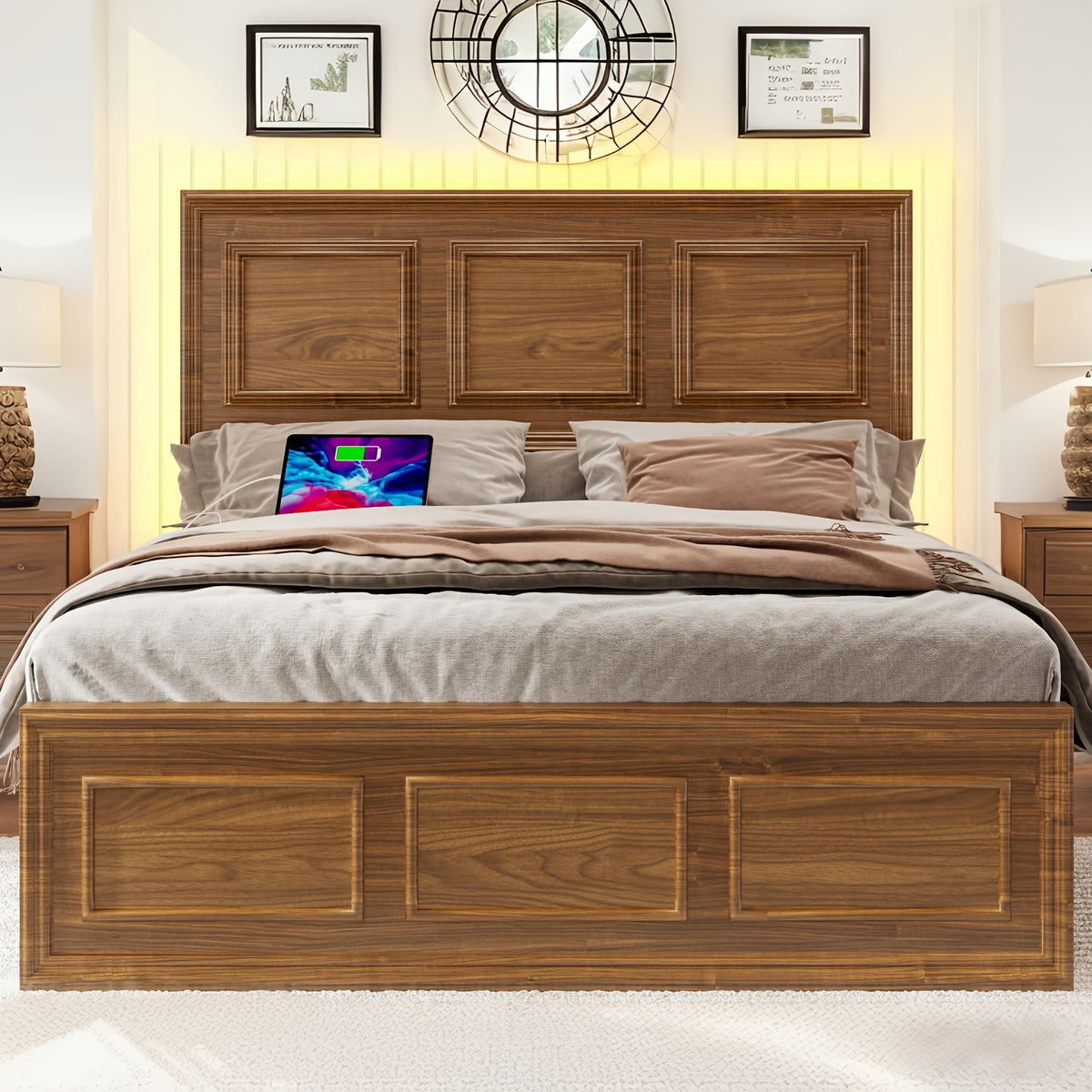 platform bed frame led headboard charging station   - Temu