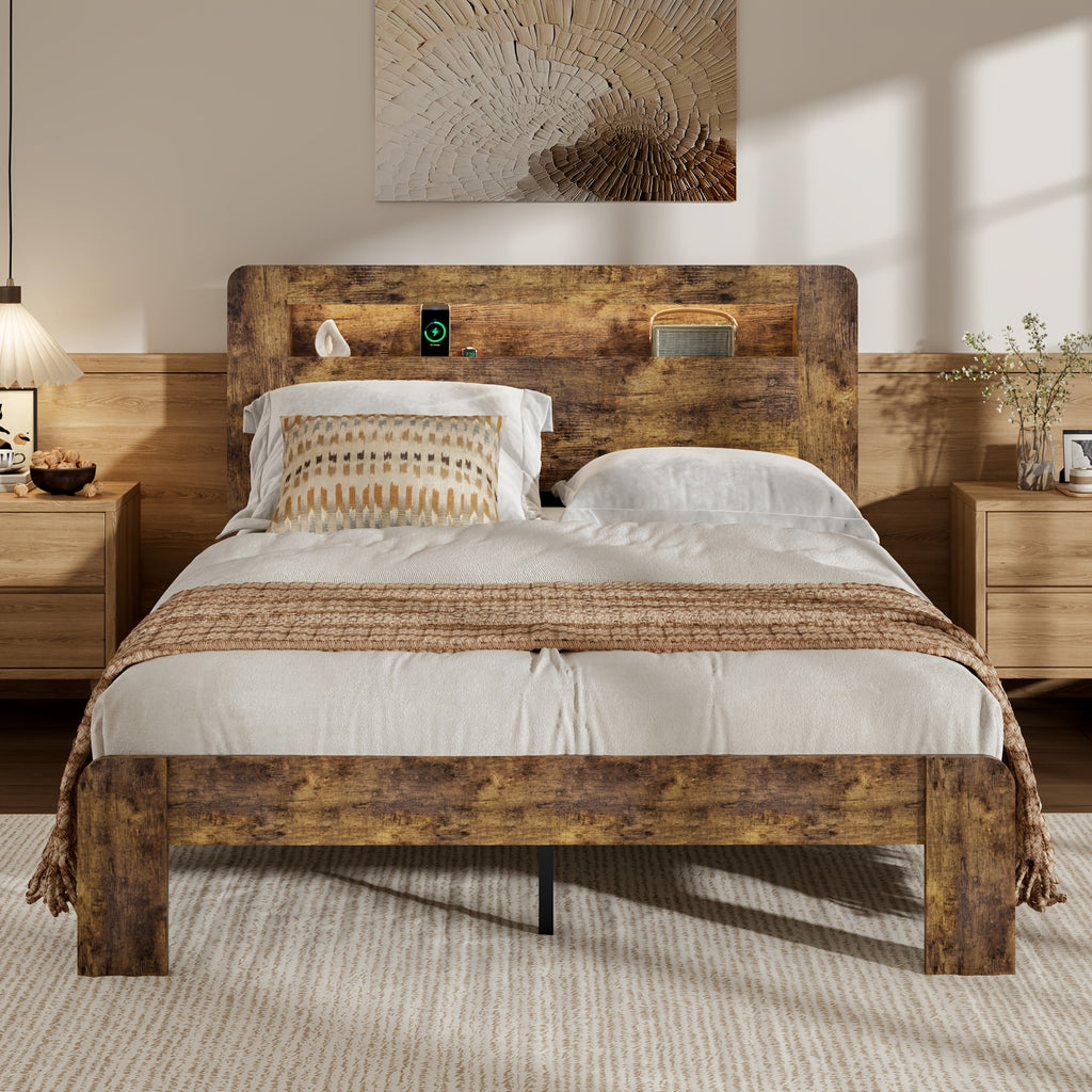 king queen size farmhouse bed frame storage headboard rustic - Temu