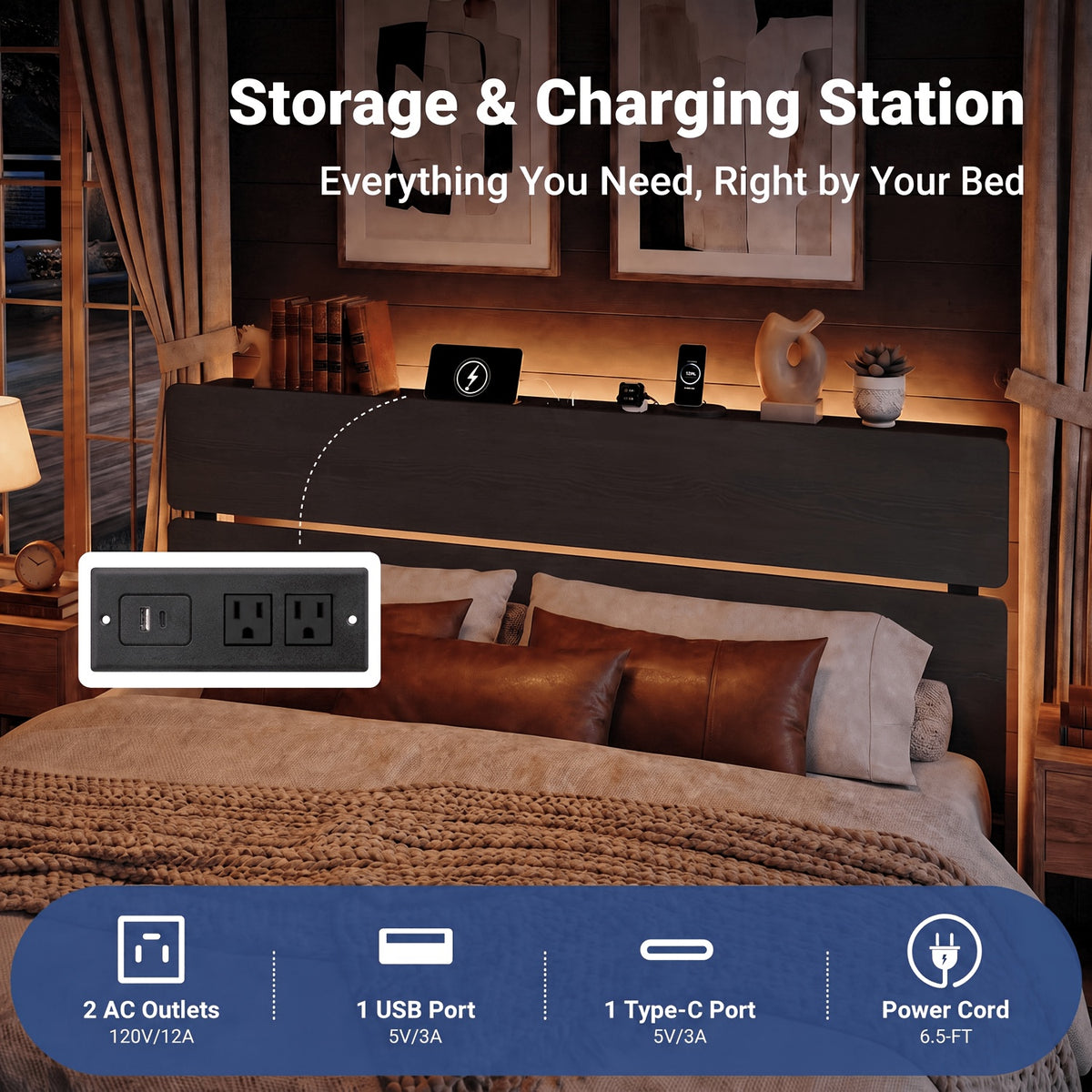 platform bed frame led lights charging station wooden - Temu