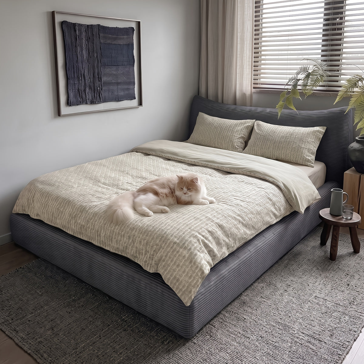 corduroy upholstered bed frame cat ear design - Temu