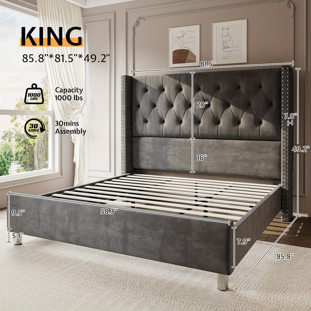 velvet upholstered bed frame wingback headboard no - Temu
