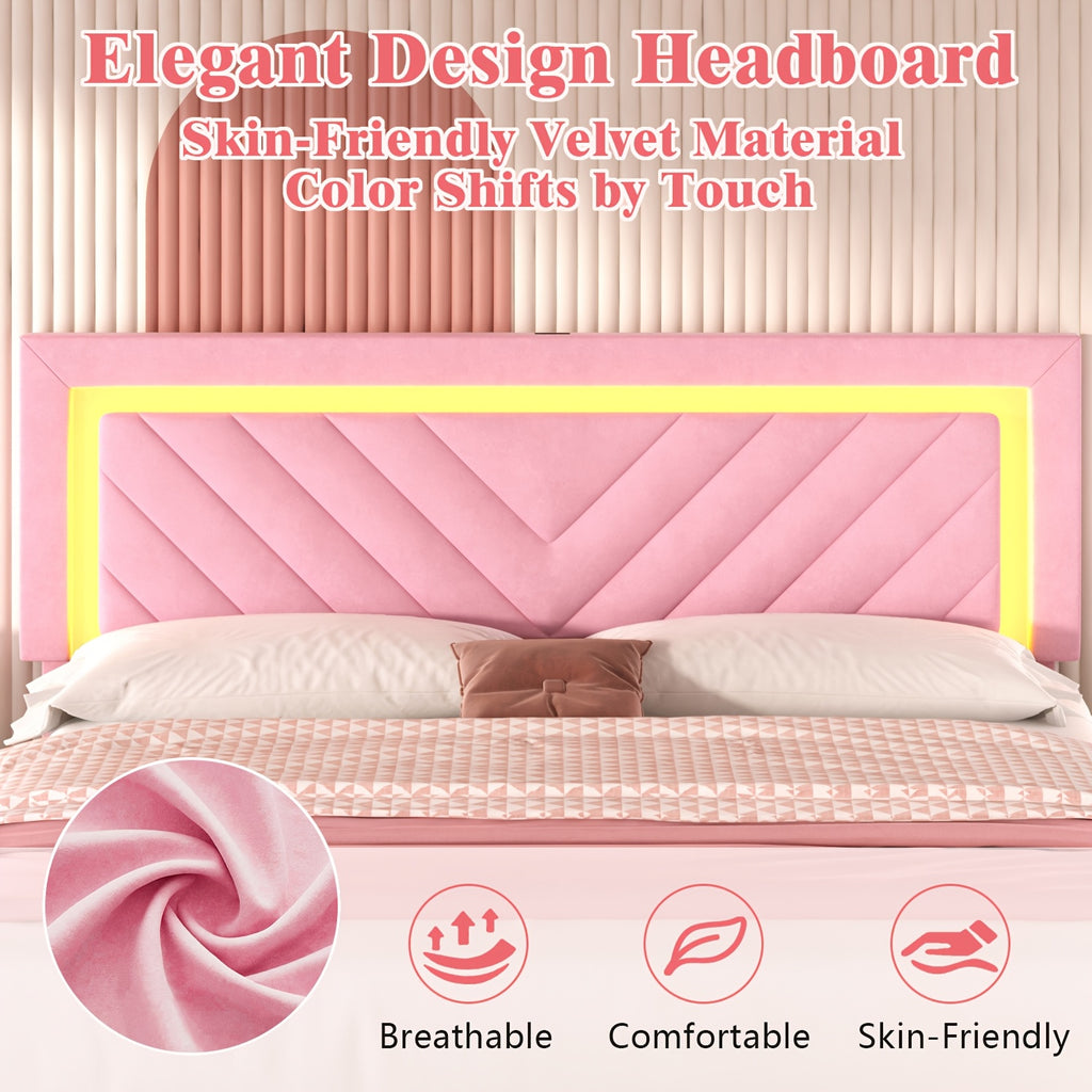 pink bed frame led headboard charging station 2 storage - Temu