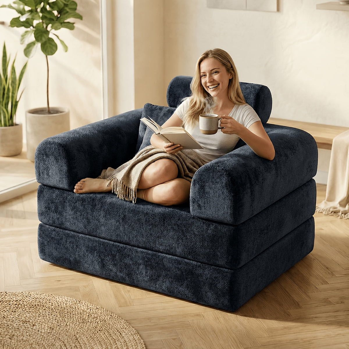 120cm wide navy blue plush velvet single sofa chair cozy - Temu