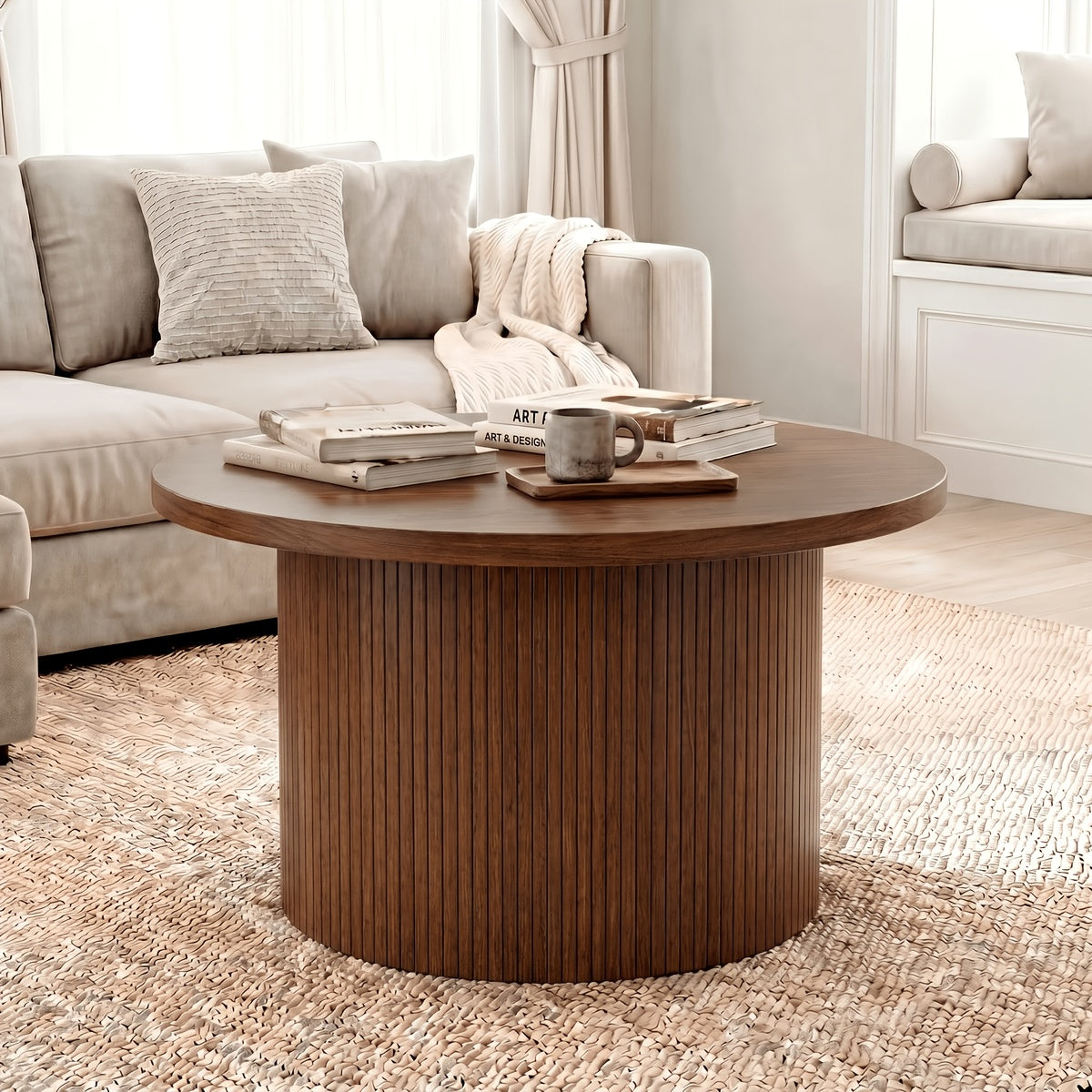 30 round coffee table modern fluted coffee table wood center - Temu