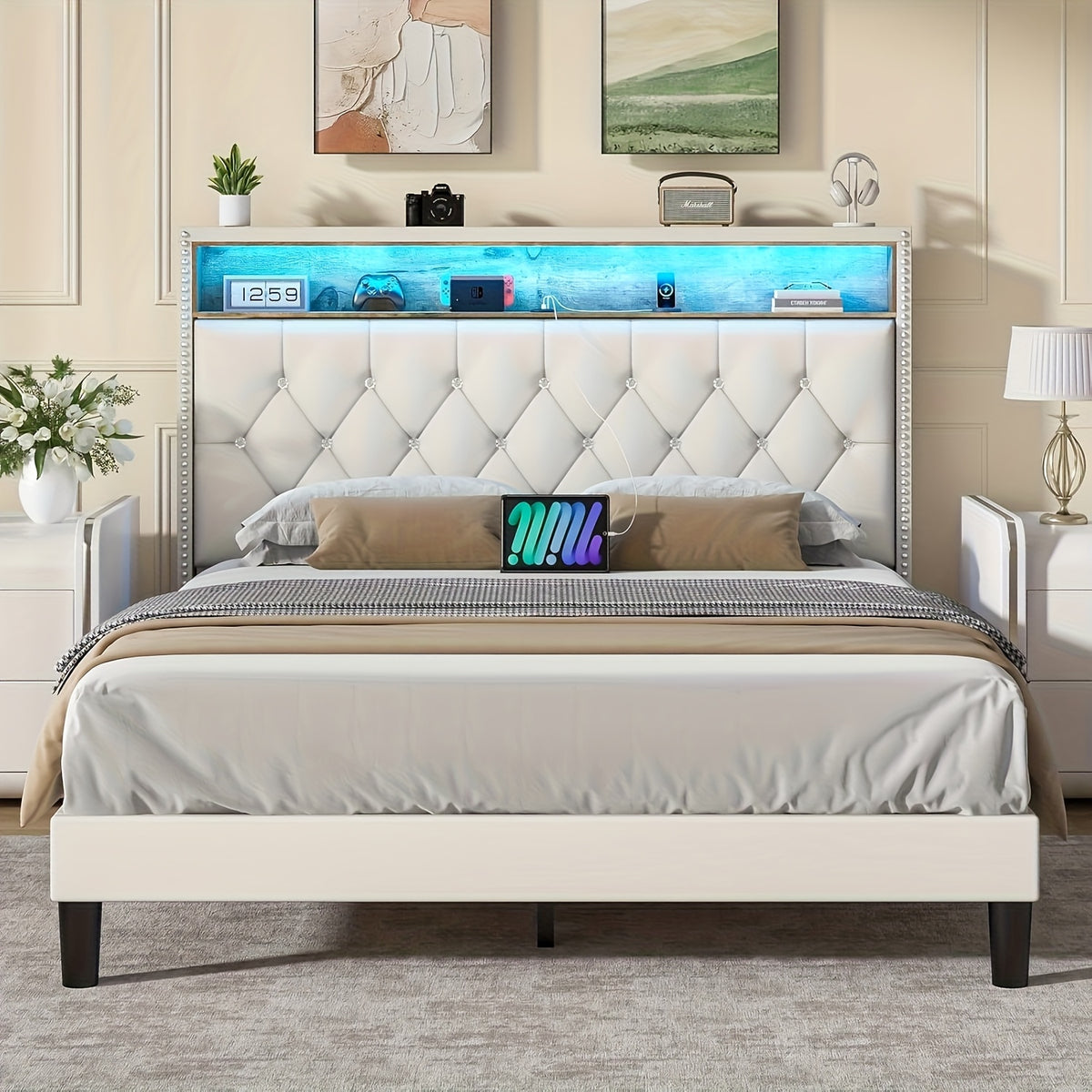 bed frame led lights velvet upholstered platform bed storage - Temu