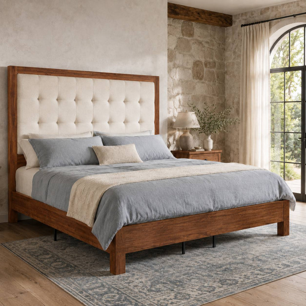 classic vintage solid wood bed frame upholstered headboard - Temu