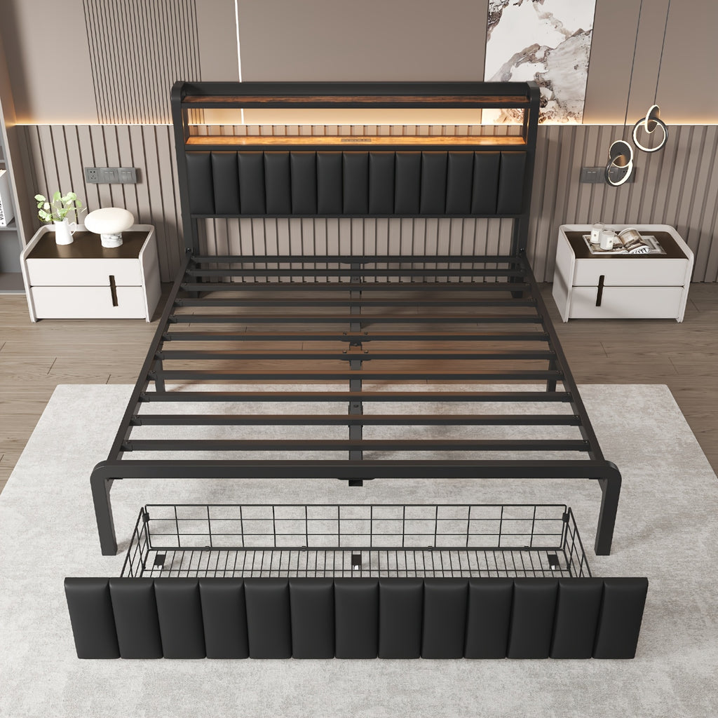 metal platform bed frame 2 tier storage headboard hidden - Temu