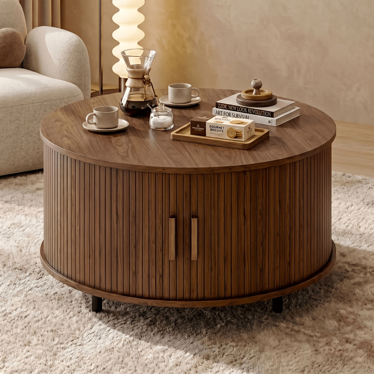 32 round fluted coffee table storage wood coffee table - Temu