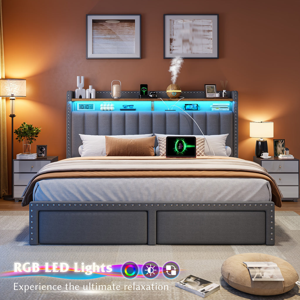full queen king size bed frame 2 tier storage headboard - Temu