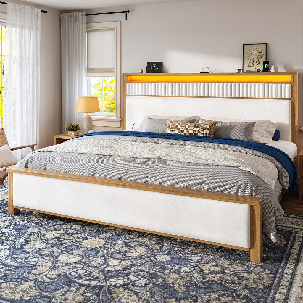queen king solid wood bed frame led light usb a type c - Temu
