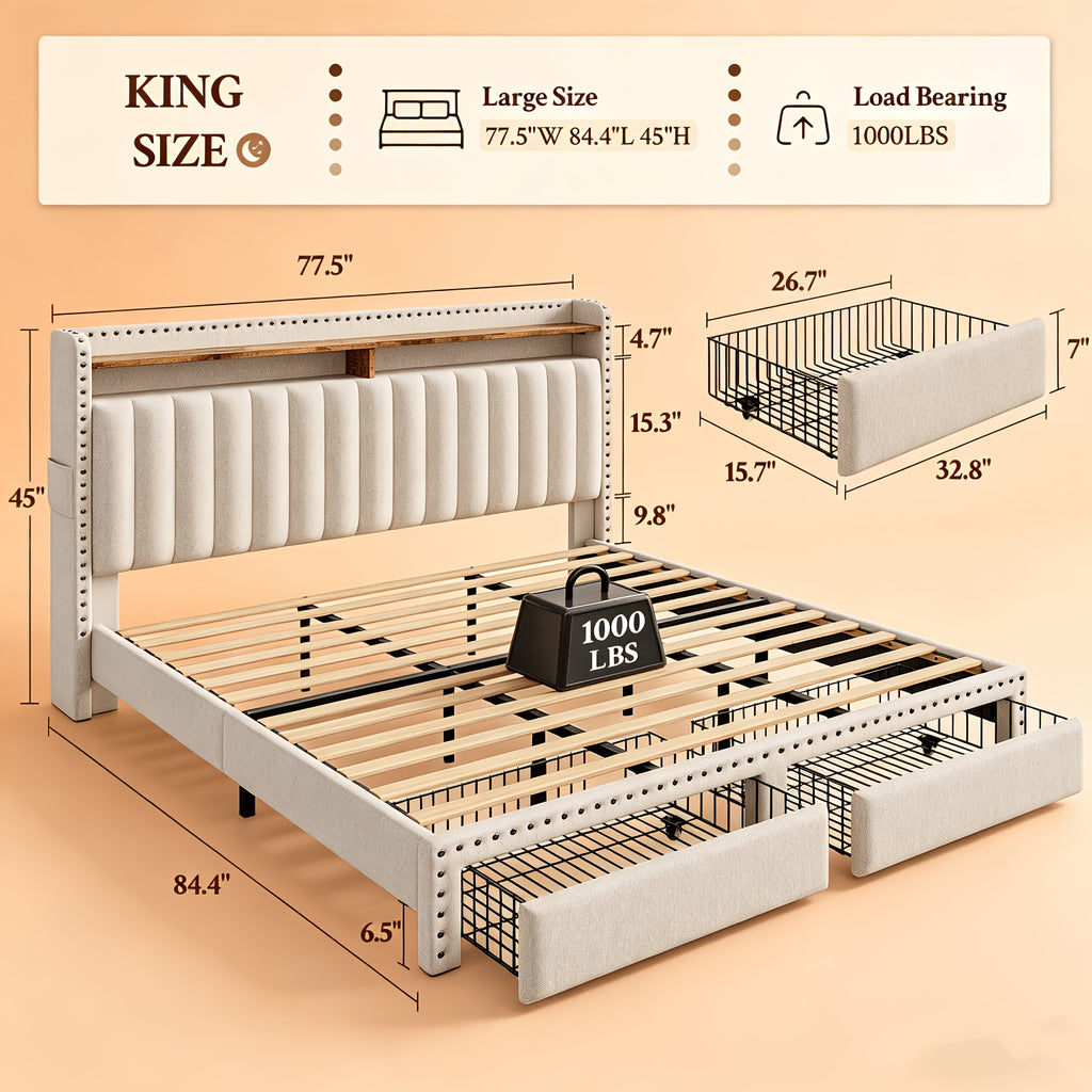 king size upholstered bed frame   2 underbed - Temu