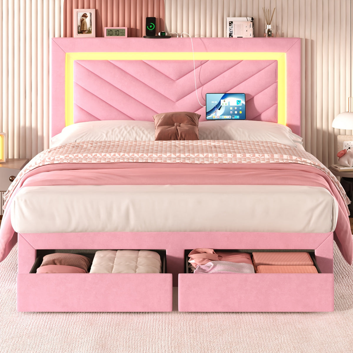 pink bed frame led headboard charging station 2 storage - Temu
