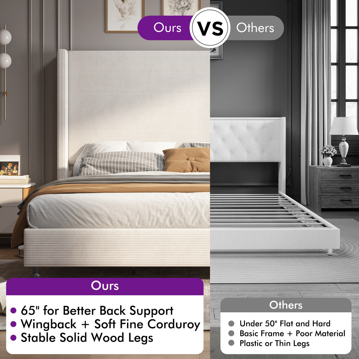 corduroy upholstered bed frame tall wingback headboard solid - Temu
