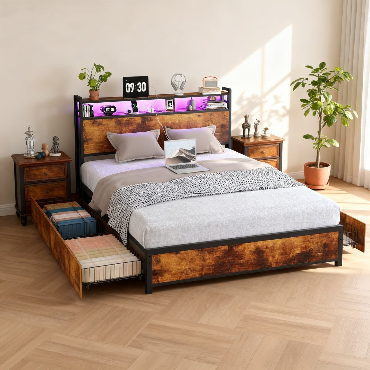queen size bed frame storage headboard 4 drawers no - Temu